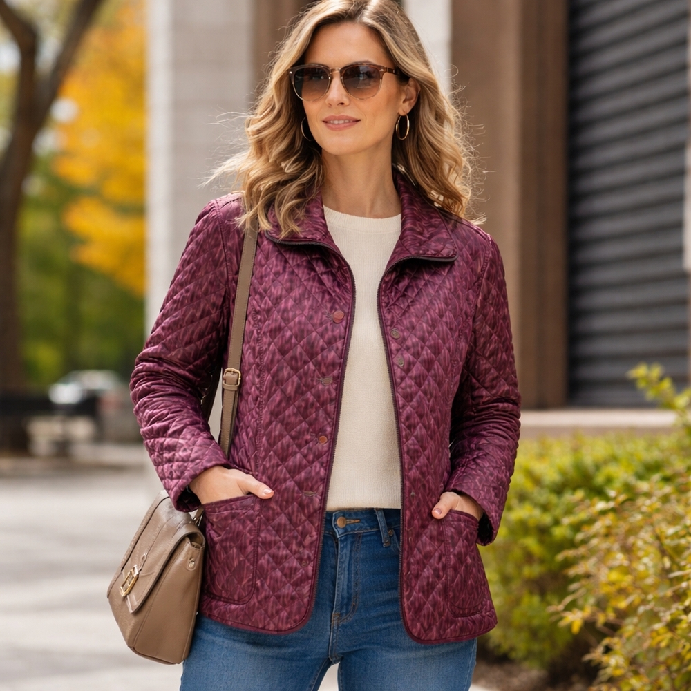 Northern Reflections Quilted Light Jacket Burgundy Diamond Stitch Button Front - Picture 1 of 8
